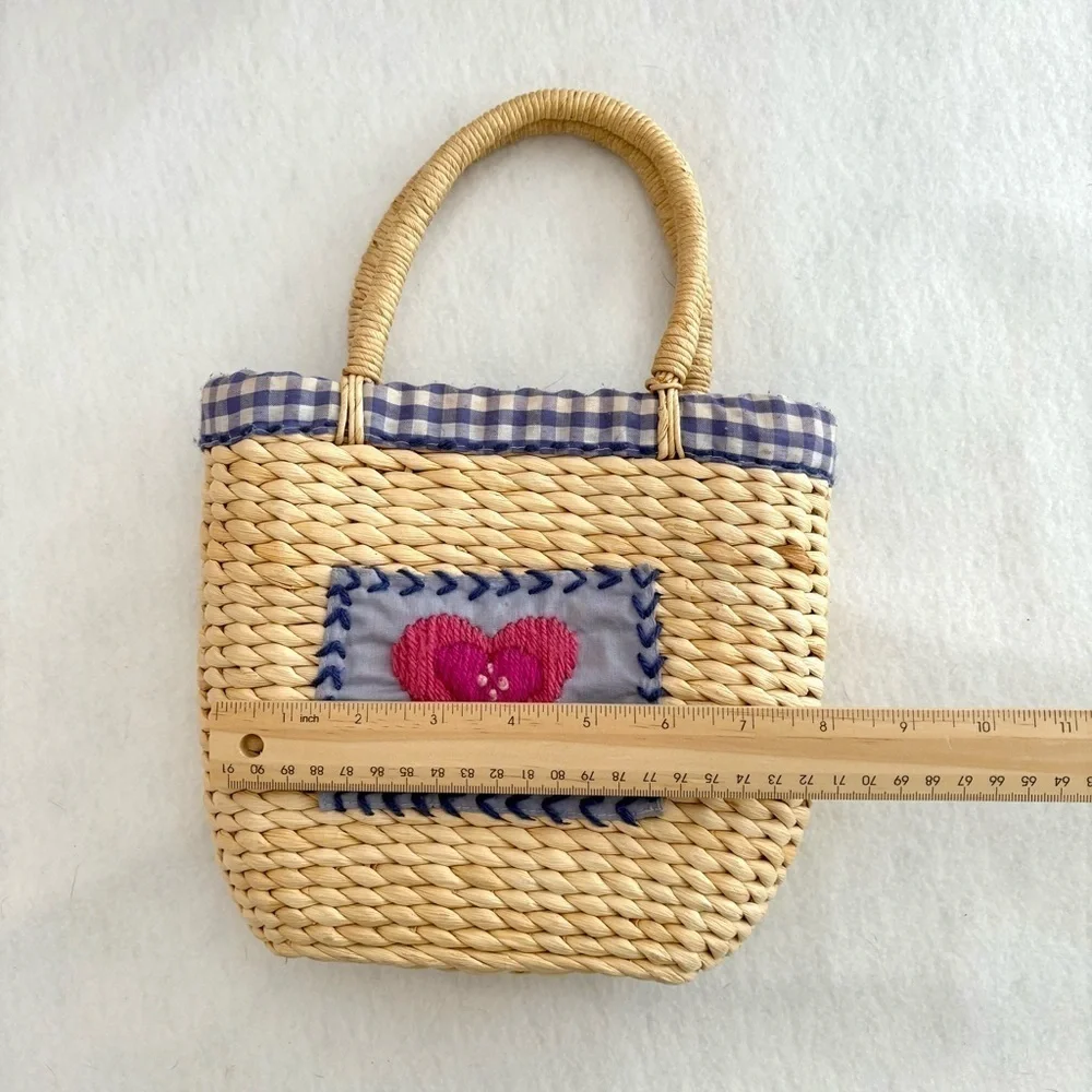 Vintage Patch Knit Pink + Purple Heart Gingham Straw Mini Bag Purse Tote - Picture 4 of 5